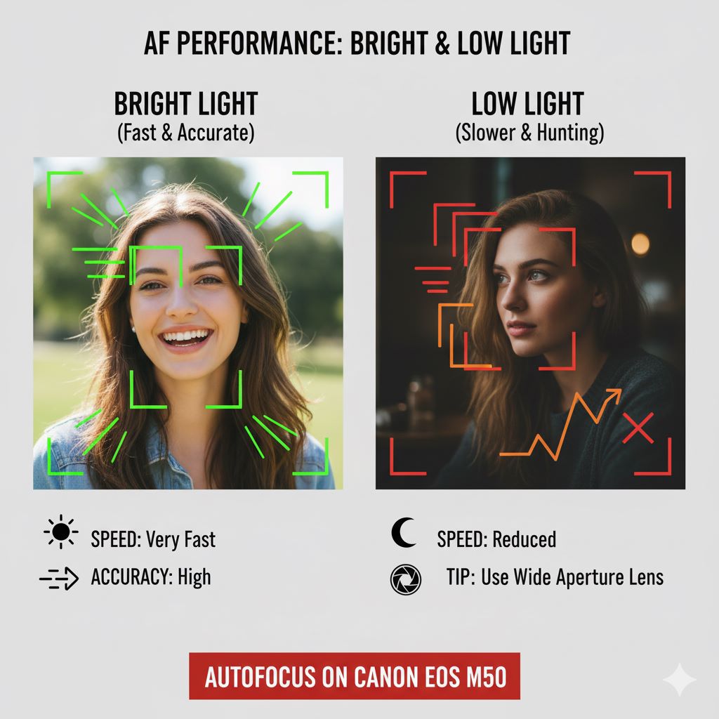 عملکرد AF در شرایط نور شدید و نور کم | فوکوس خودکار در دوربین Canon EOS M50 