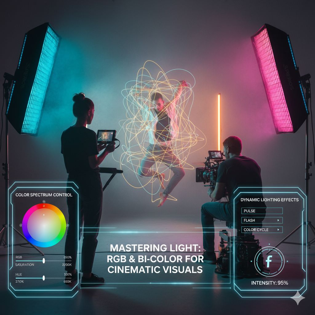 اهمیت استفاده از فلاش RGB و Bi-Color در عکاسی و فیلمبرداری حرفه‌ای به دلیل توانایی کنترل کامل طیف رنگی و شدت نور و تأثیر آن بر خلق جلوه‌های بصری طبیعی و خلاقانه