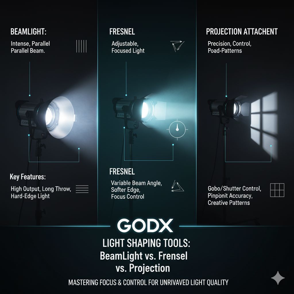 تفاوت BeamLight با Fresnel و Projection Attachments در سیستم نورپردازی Godox و تأثیر آن بر کیفیت، تمرکز و کنترل نهایی نور