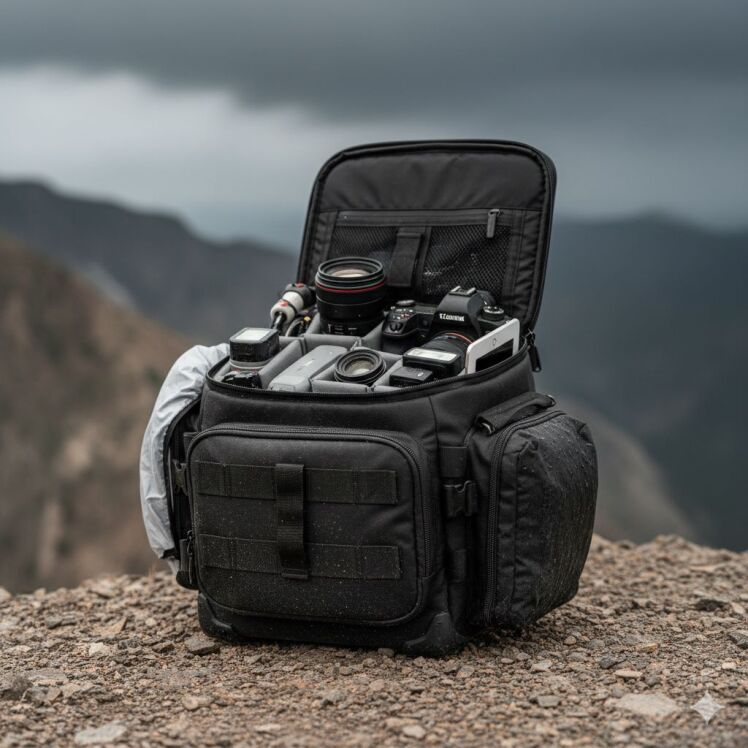 کیف عکاسی فیلمبرداری _ جای مخصوص برای استدی‌لایت یا نور مداوم، شیار برای کابل‌ها، فضای برای میکروفن 