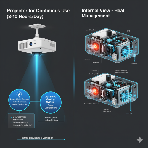 نکات انتخاب پروژکتور برای استفاده مداوم ۸ تا ۱۰ ساعت در روز (استقامت حرارتی و تهویه)